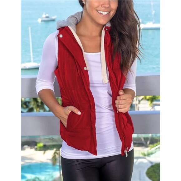 Women's Slim Sleeveless Quilted Removable Hooded Winter Red - Picture 4 of 6